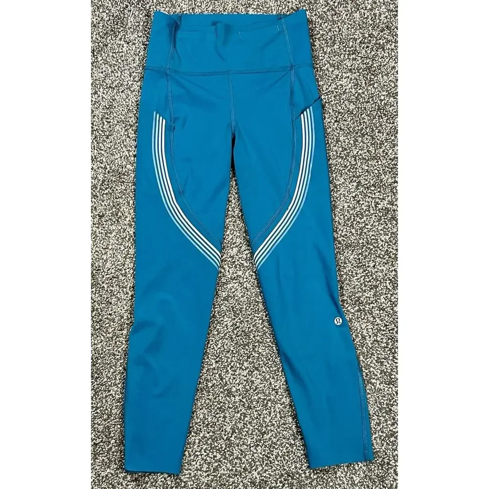 Lululemon Womens Speed Limit Leggings Size 4 Bermuda Teal Striped Length Altered - Picture 2 of 10